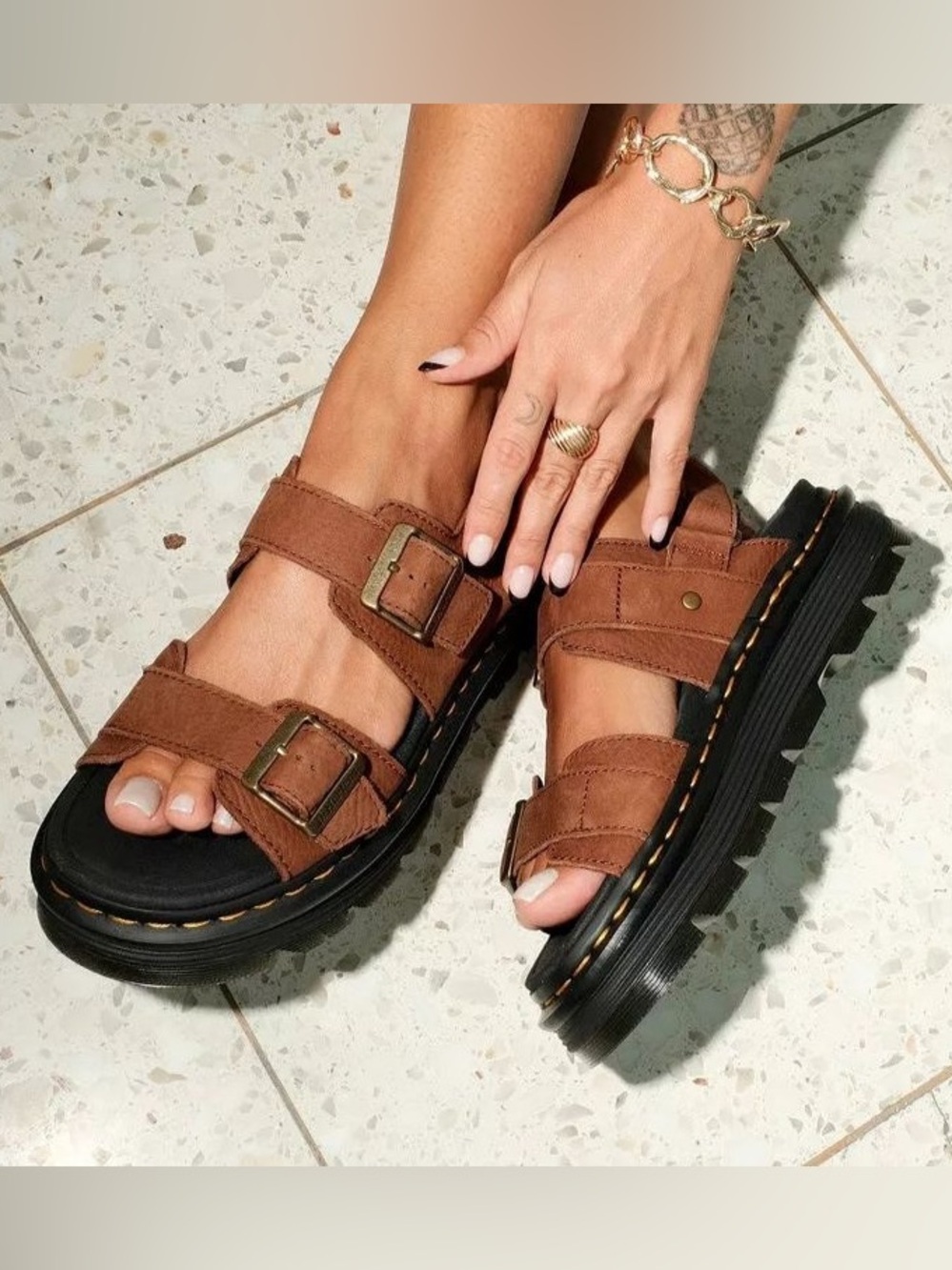 DR. MARTENS Womenās Zebzag Nubuck Platform Sandals-Sepia Brown-Size 10